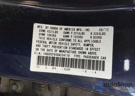 2013 Honda Accord Ex-L z USA, uszkodzony, nr VIN 1HGCR2F80DA234118